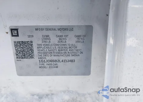 2020 Chevrolet Sonic Fwd Lt 5-Door из США, поврежденный, VIN 1G1JD6SB2L4110483